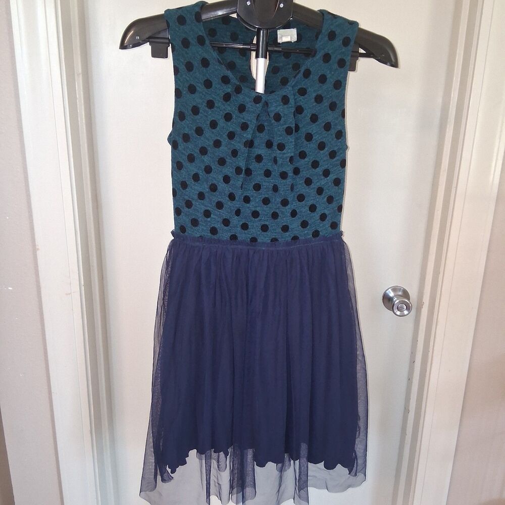 Anthropologie Weston Wear Sasonger Green Polkadot Navy Tulle Dress Size XS